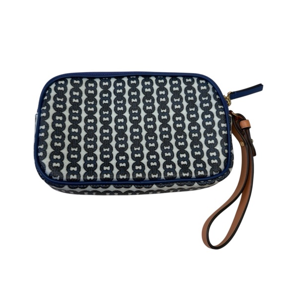 Tory Burch Gemini Link Canvas Wristlet Blue and White Patterned Coated Canvas - Picture 3 of 8
